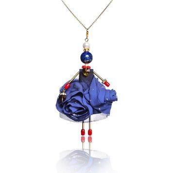 SARANA&reg; Blue Rose jewelry doll pendant on a white background with lapis lazuli, pearls, coral, and Swarovski crystals from the Celebration collection