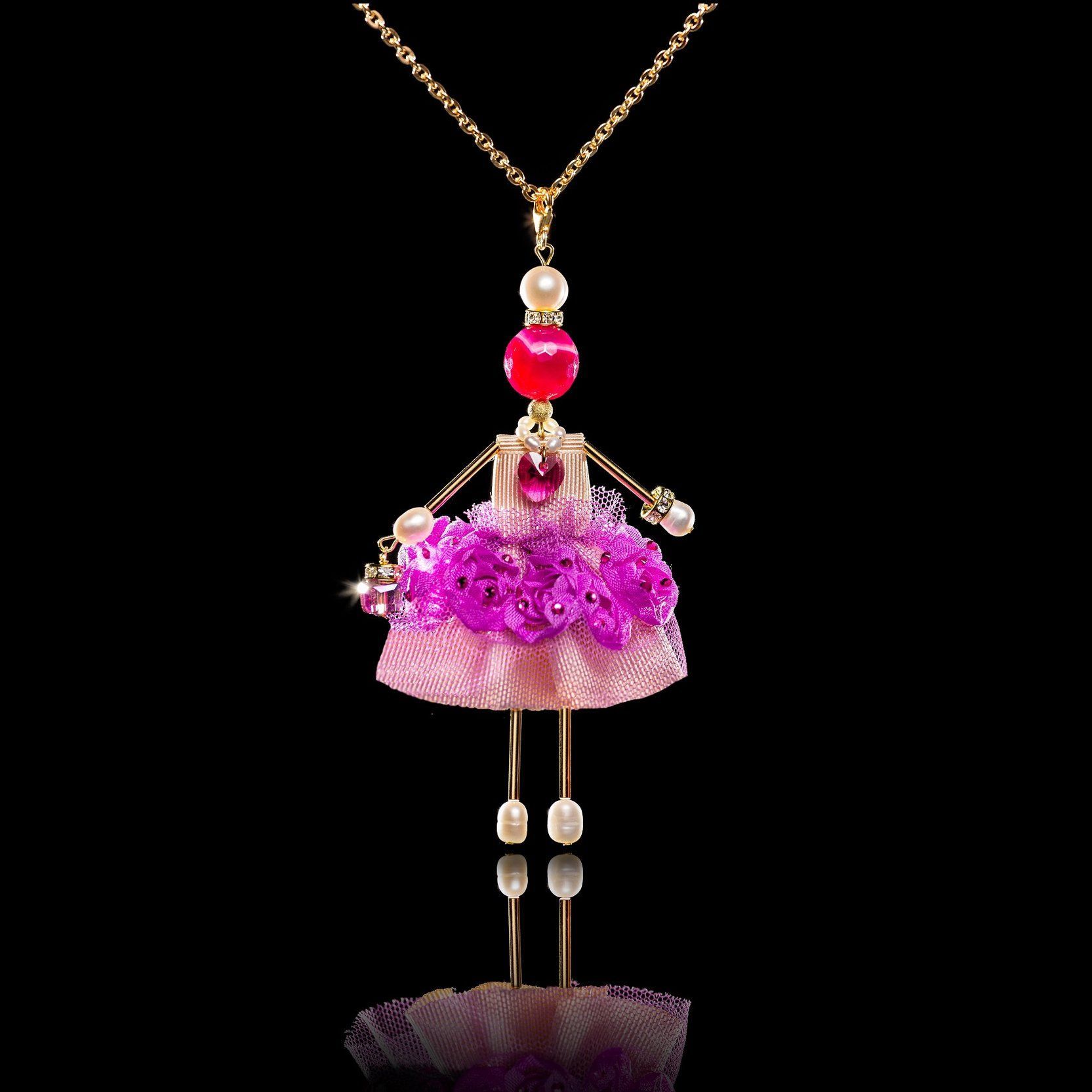 SARANA jewelry doll pendant &ldquo;Fuchsia&rdquo; on black background luxury statement jewelry