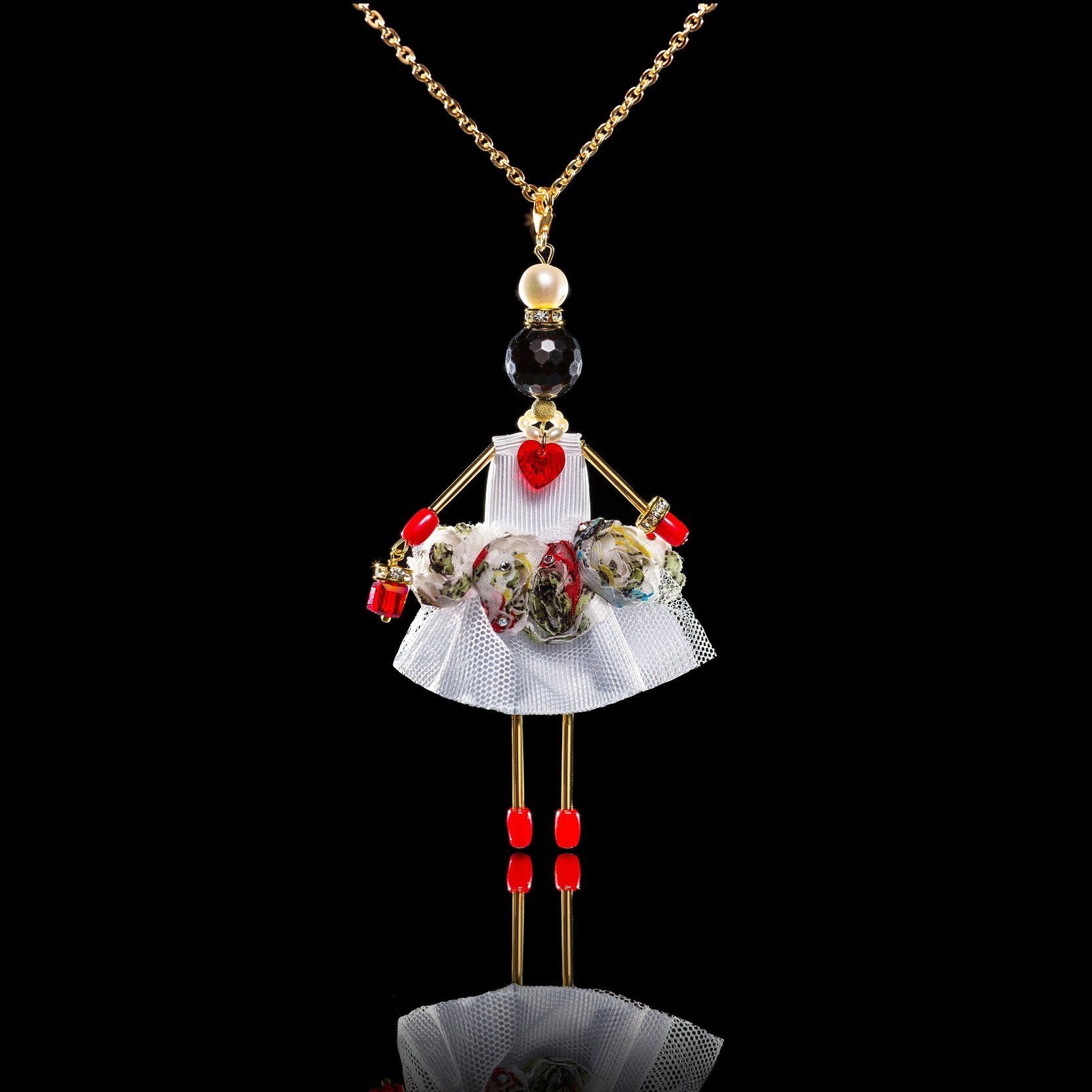 SARANA jewelry doll pendant &ldquo;Coquette&rdquo; on black background luxury statement jewelry