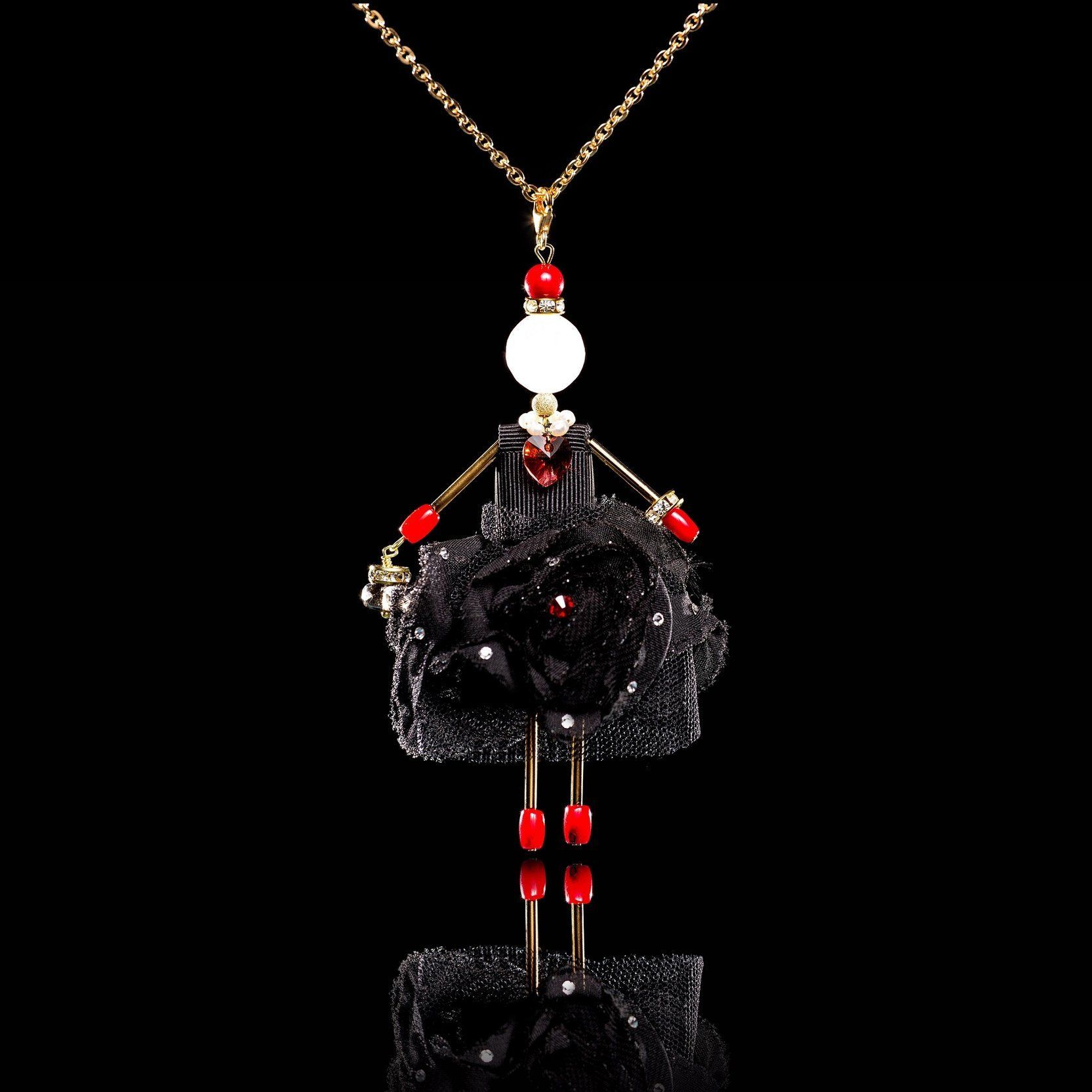 SARANA jewelry doll pendant &ldquo;Black Swan&rdquo; on black background luxury evening jewelry