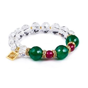 Crystal bracelet with green agate and fuchsia agate beads on white background