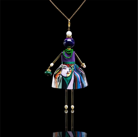 Doll-pendant with purple agate and malachite based on the painting by Pablo Picasso "Woman in front of the mirror".