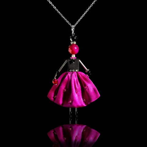 Unique doll-pendant in bright pink fuchsia