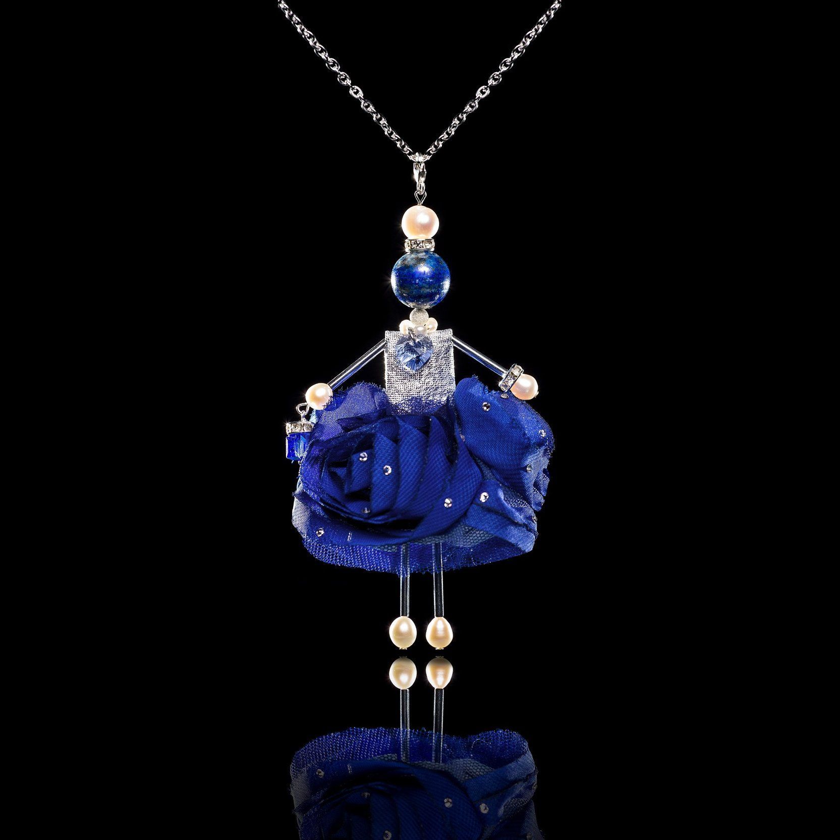SARANA jewelry doll pendant &ldquo;Snow Queen&rdquo; on black background with crystals