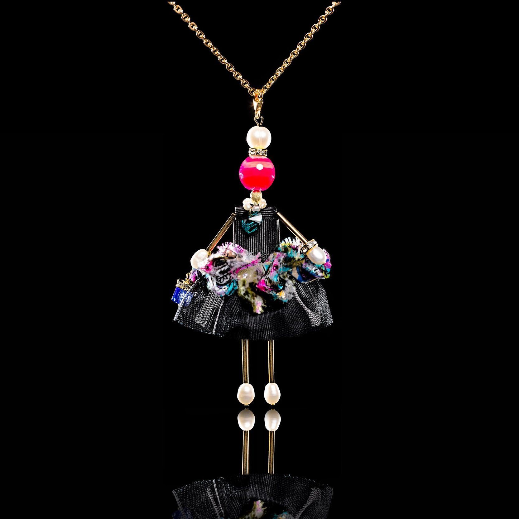 SARANA jewelry doll pendant &ldquo;Enchantress&rdquo; on black background with crystals