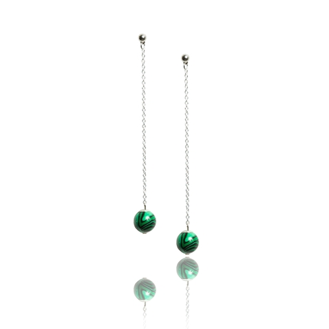 Earrings on a silver chain with malachite