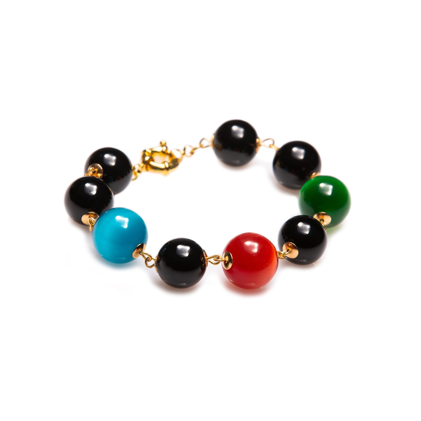 A bright bracelet with multicolored stones and black agates.