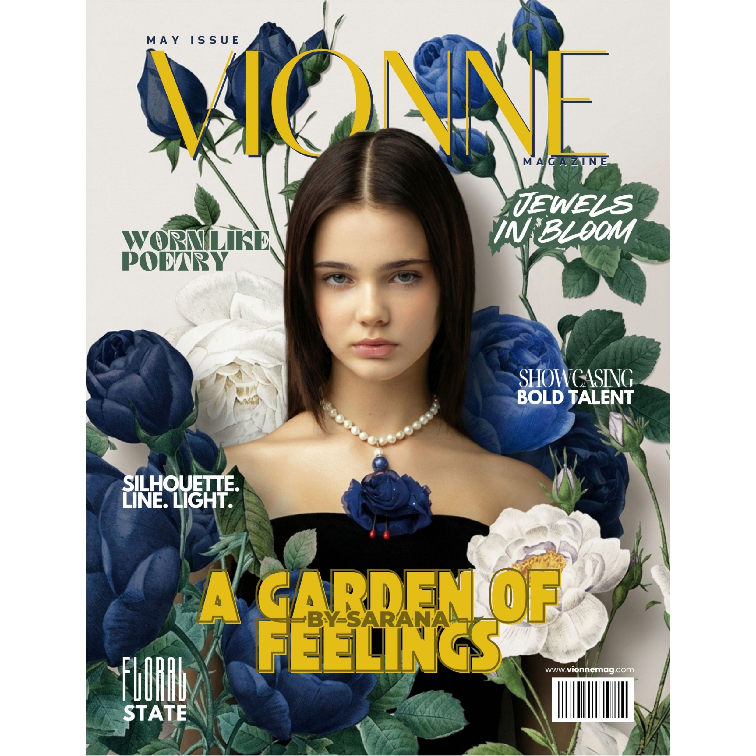 SARANA® jewelry pendant dolls from the "Holiday" collection in a floral fashion shoot for VIONNE Magazine