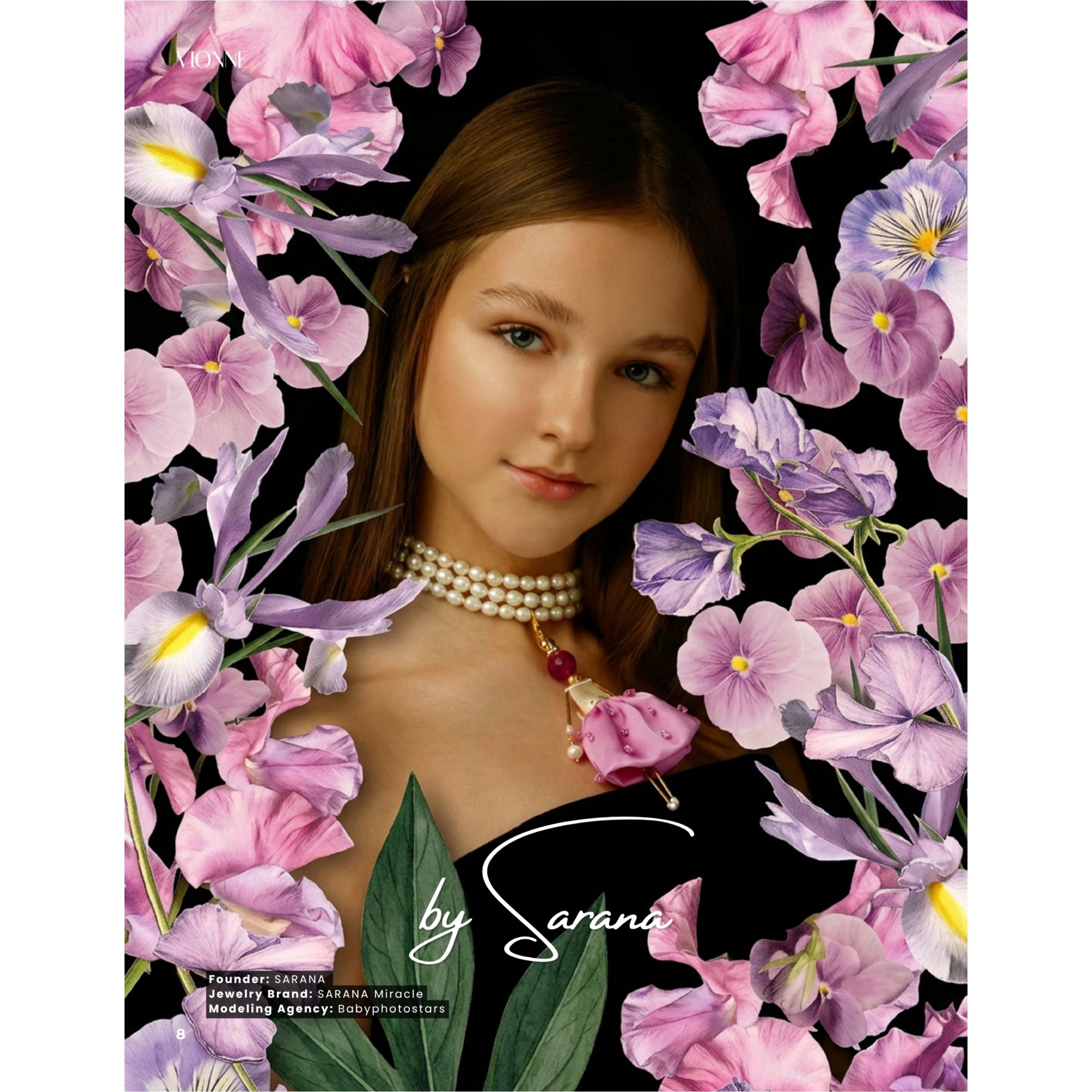 A model surrounded by flowers with a SARANA® jewelry pendant doll in the photo project "SARANA: Garden of Feelings"