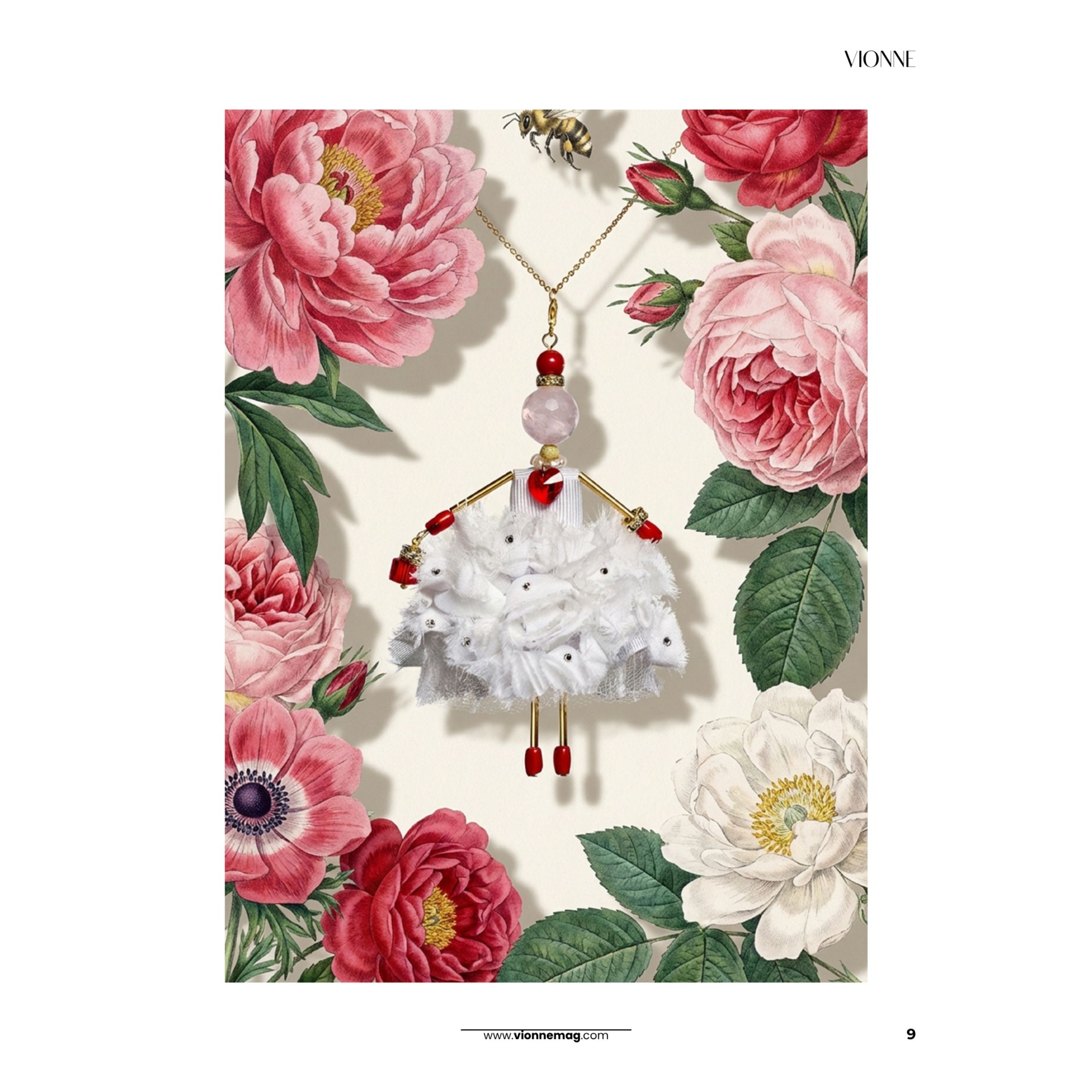 Spectacular SARANA® jewelry pendant dolls from the "Holiday" collection featured in an editorial shoot for the Austrian VIONNE Magazine