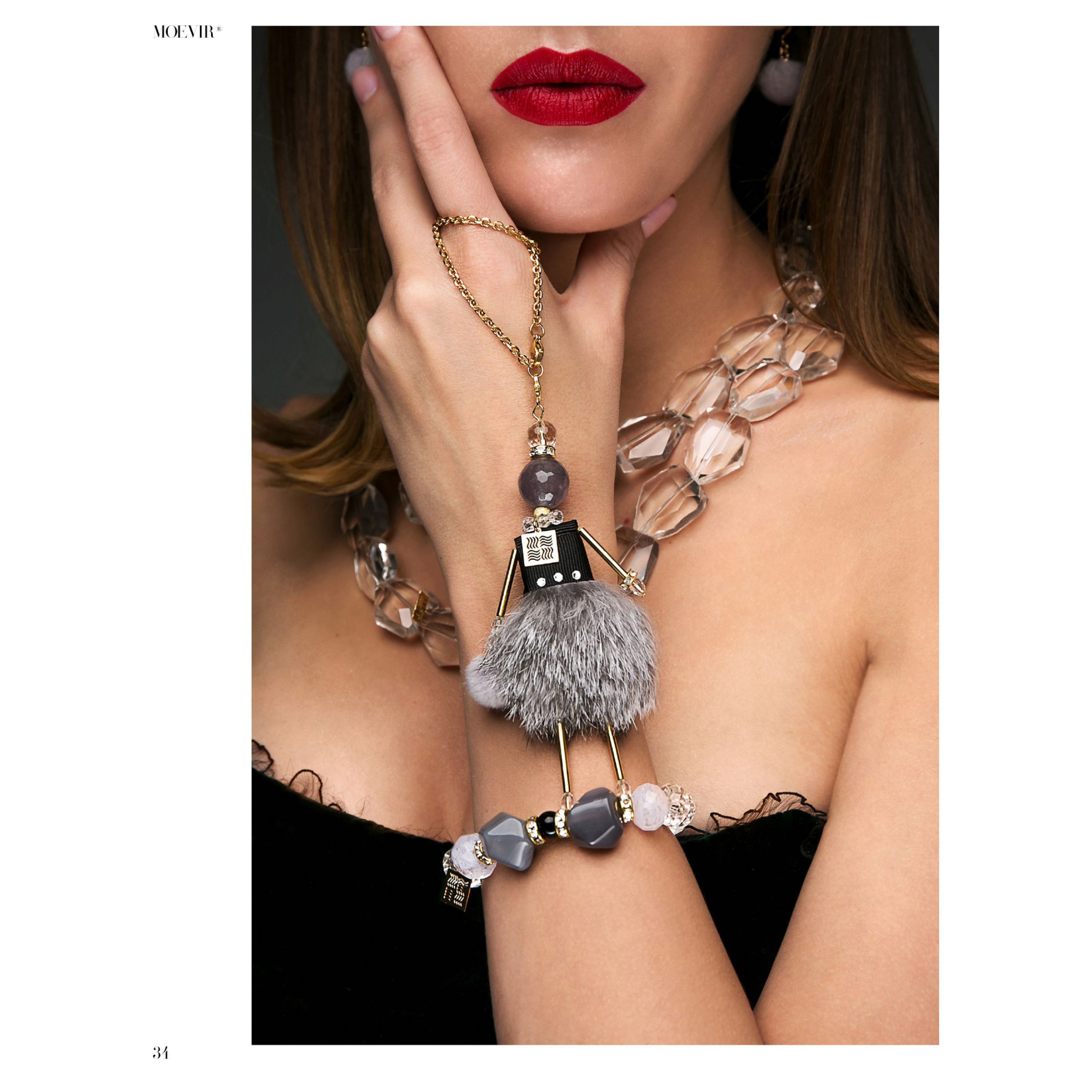 Close-up of a SARANA® jewelry doll pendant with gray fur and crystal details