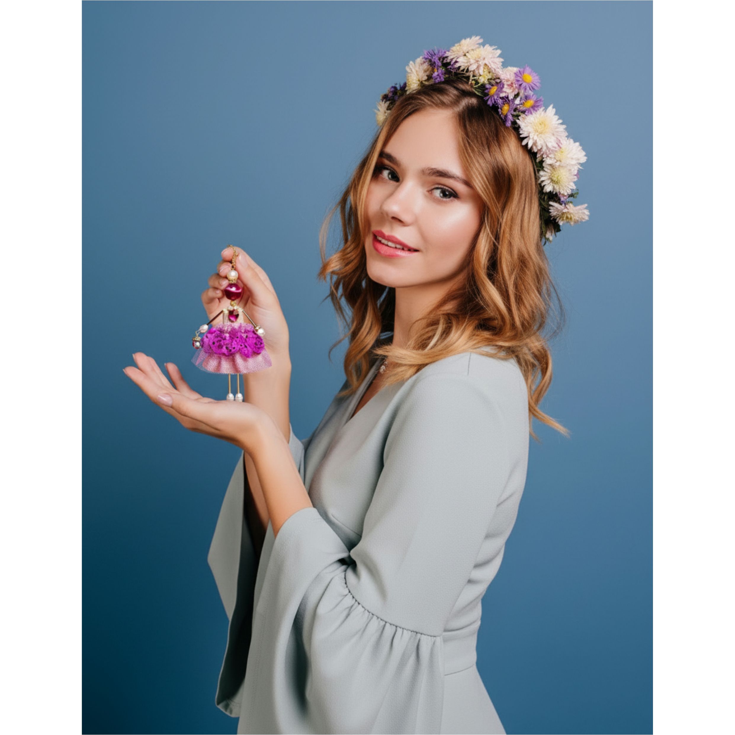 stylish model with jewelry doll pendant from the “Celebration” collection