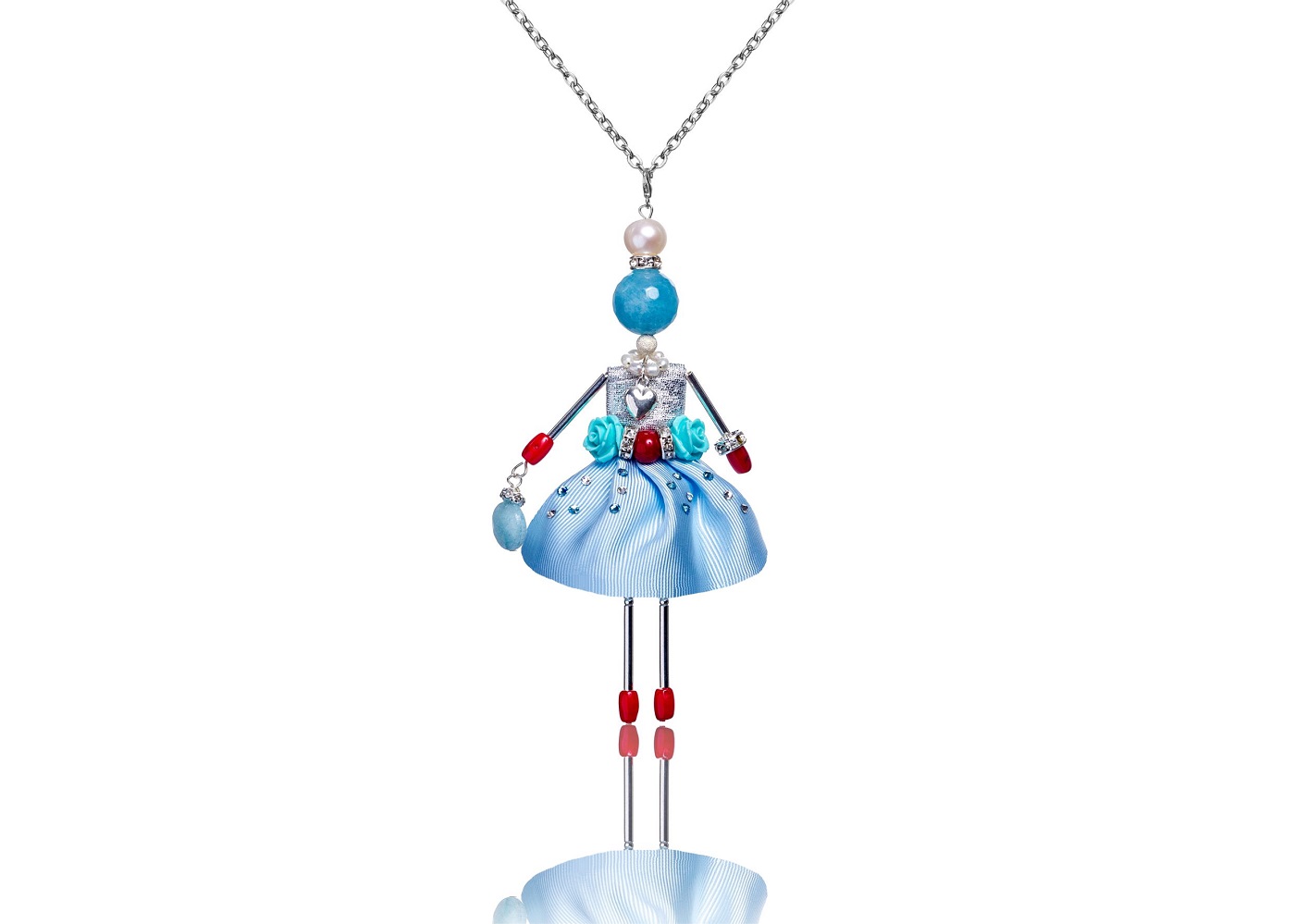 jewelry doll pendant in blue on a silver chain from the “Malachite Box” collection
