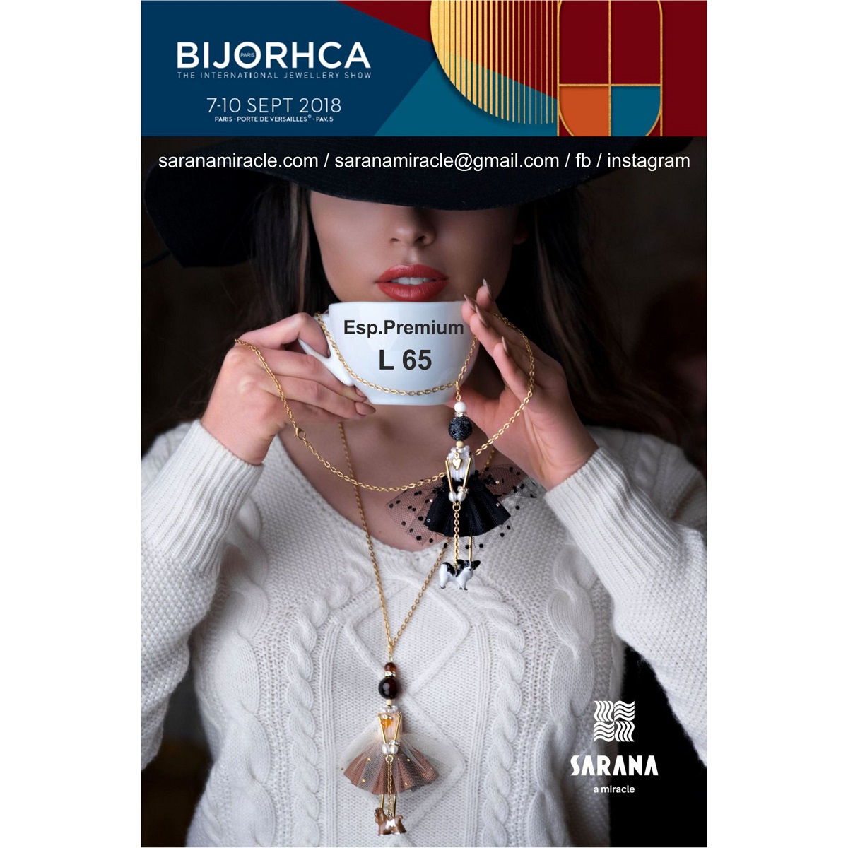 SARANA® designer jewelry at the Paris exhibition — BIJORHCA invitation and brand exhibition stand