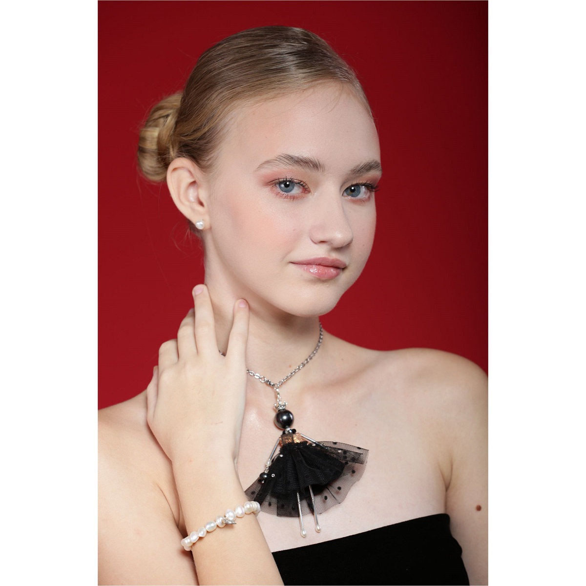 Black Queen jewelry doll pendant with graphite pearls and silver findings from the Black & White Collection — SARANA® black and white jewelry