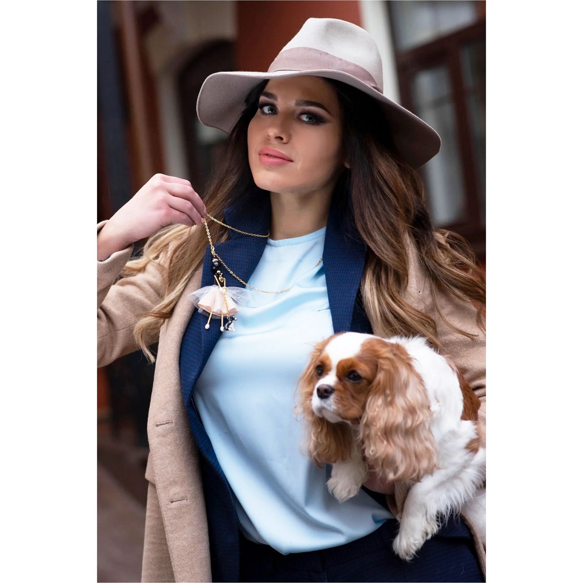 Jewelry with a dog — jewelry doll pendant with black agate, pearls and Swarovski® crystals together with a four-legged friend