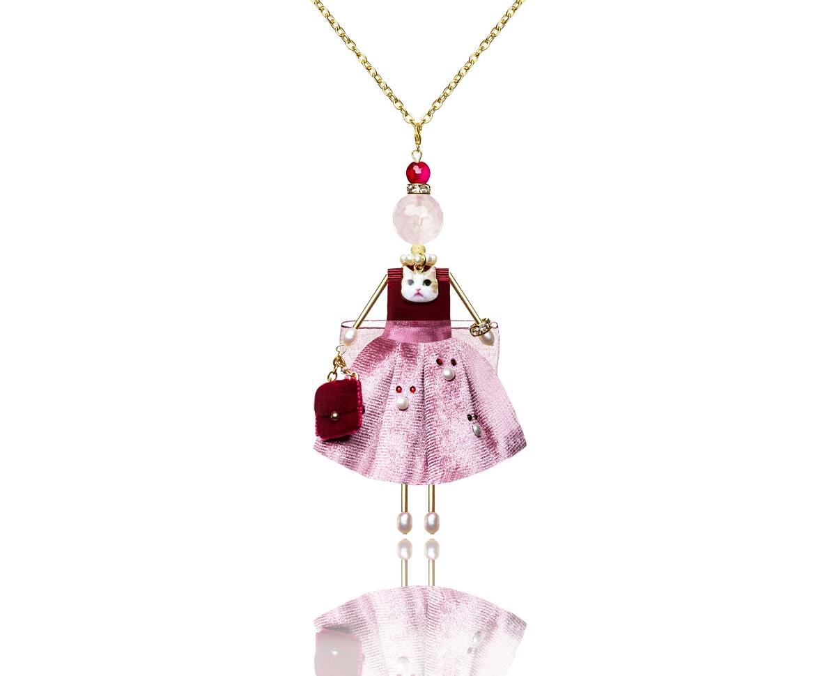 Jewelry with a cat — SARANA® doll pendant featuring pink and raspberry velvet, rose quartz, pearls, Swarovski® crystals, and a miniature cat face