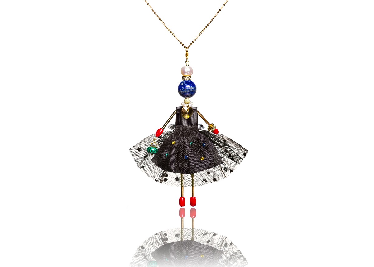 Jewelry Doll Pendant with Lapis Lazuli, Pearls, Malachite, and Corals – a Stylish Gift for a Friend