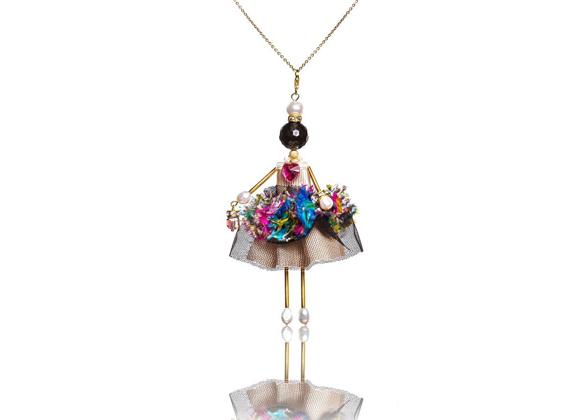 Doll Pendant with Black Agate, Pearls, and a Full Skirt – the Perfect Birthday Gift for a Friend