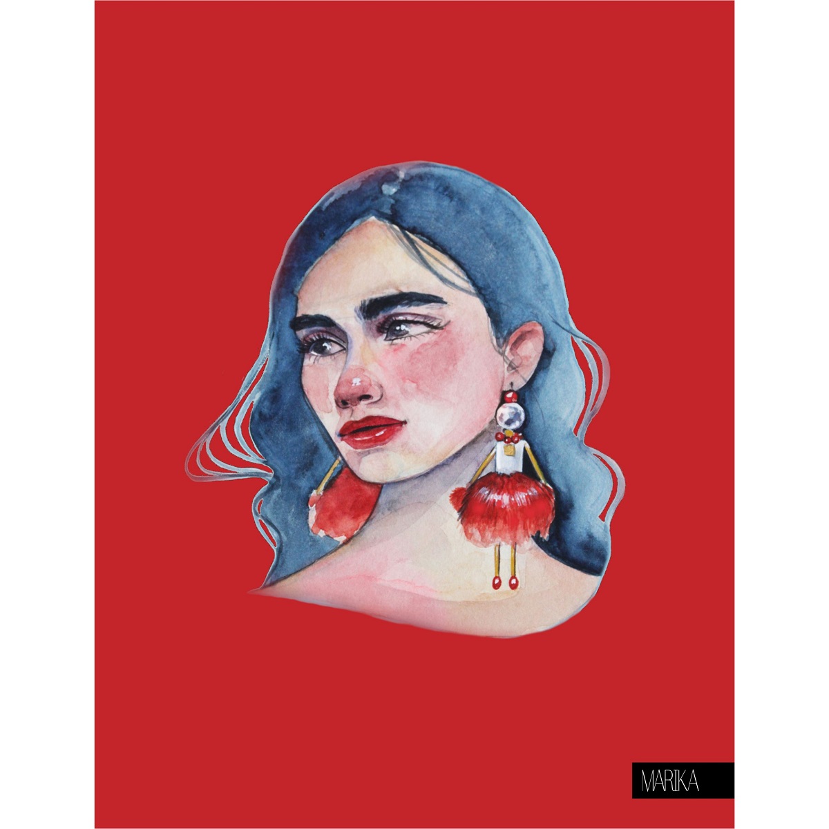Stylish look featuring SARANA® doll pendants with red fur worn as statement earrings — fashion illustration for a magazine