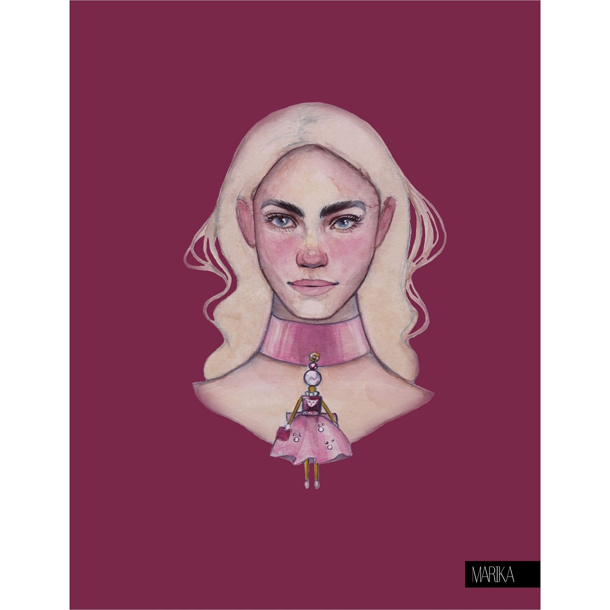 Pink SARANA® jewelry doll pendant from the “Six Cats” collection — watercolor fashion illustration for MARIKA magazine