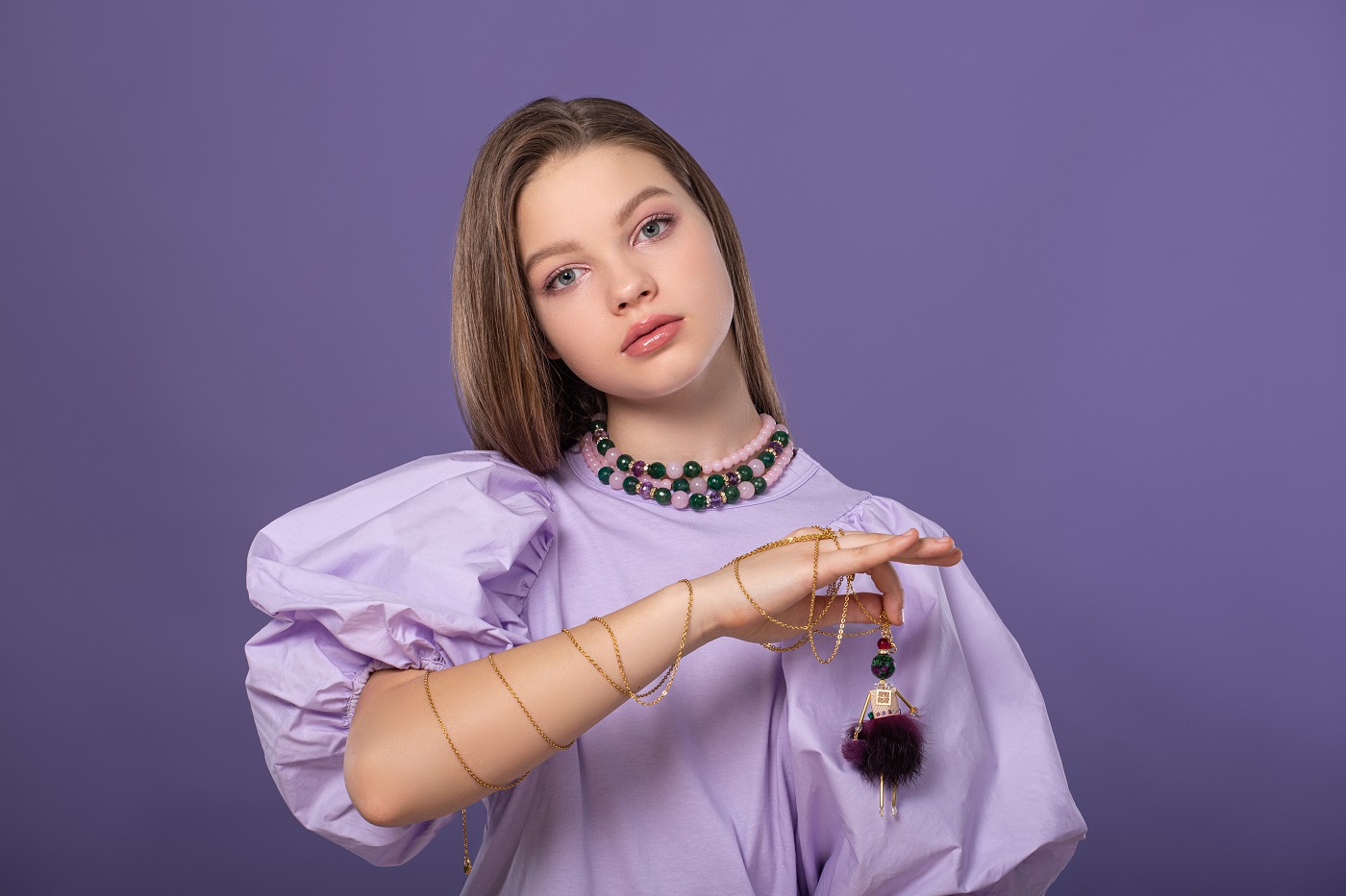 lilac magic — girl in lilac with doll pendant with lilac fur from “Crystal Symphony”