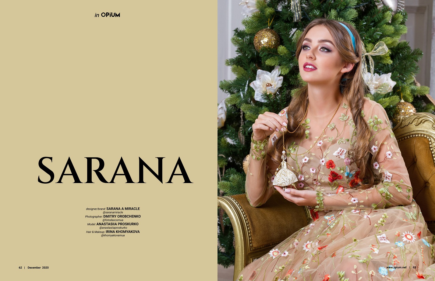 OPIUM red magazine feature with a model wearing a SARANA® doll pendant from the fairytale jewelry collection