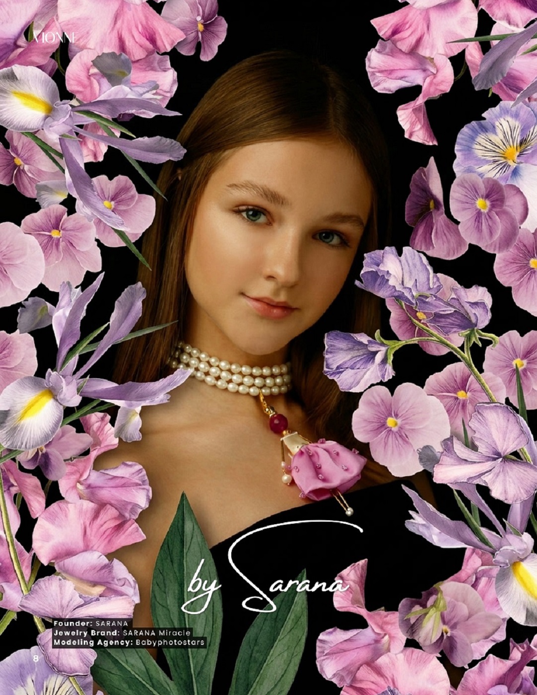 Модель с ювелирной куклой-подвеской SARANA® в цветочной fashion-съёмке для VIONNE Magazine