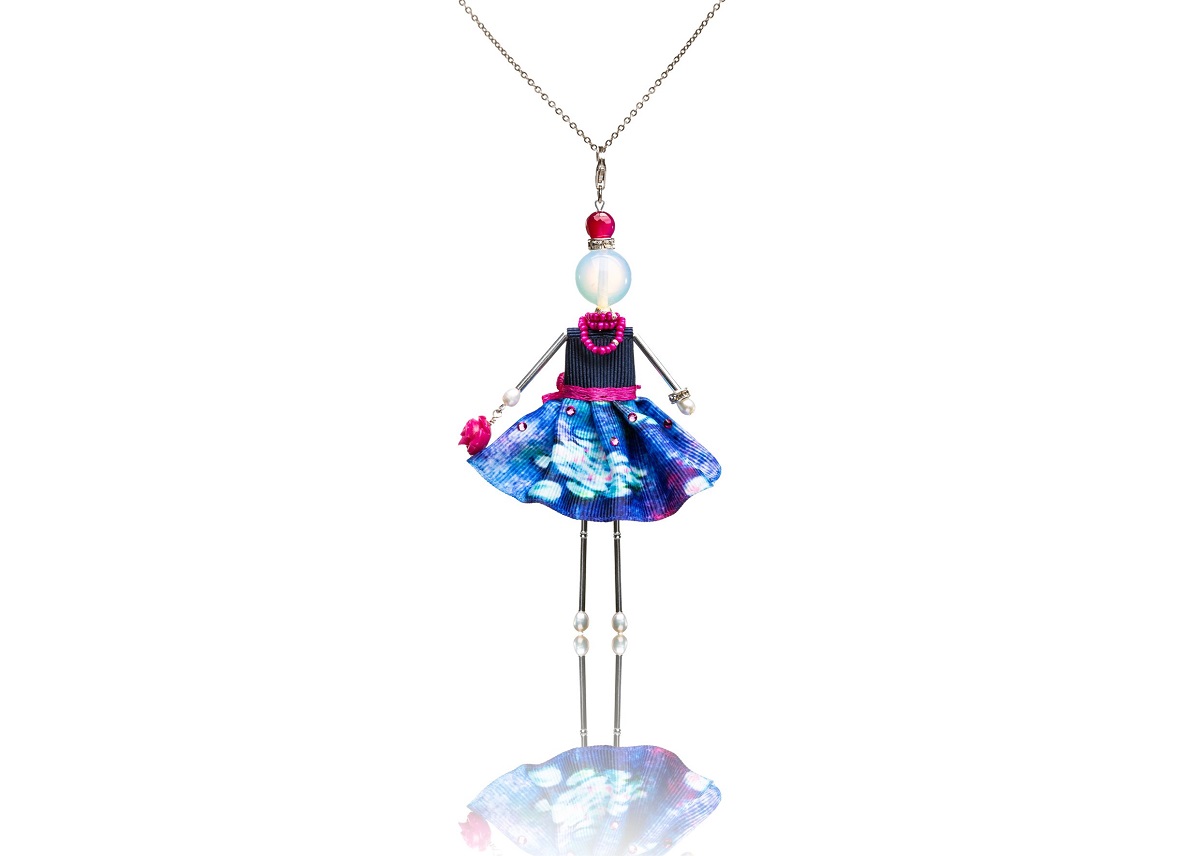 SARANA® jewelry doll pendant with moonstone, agate, pearls, and Swarovski crystals