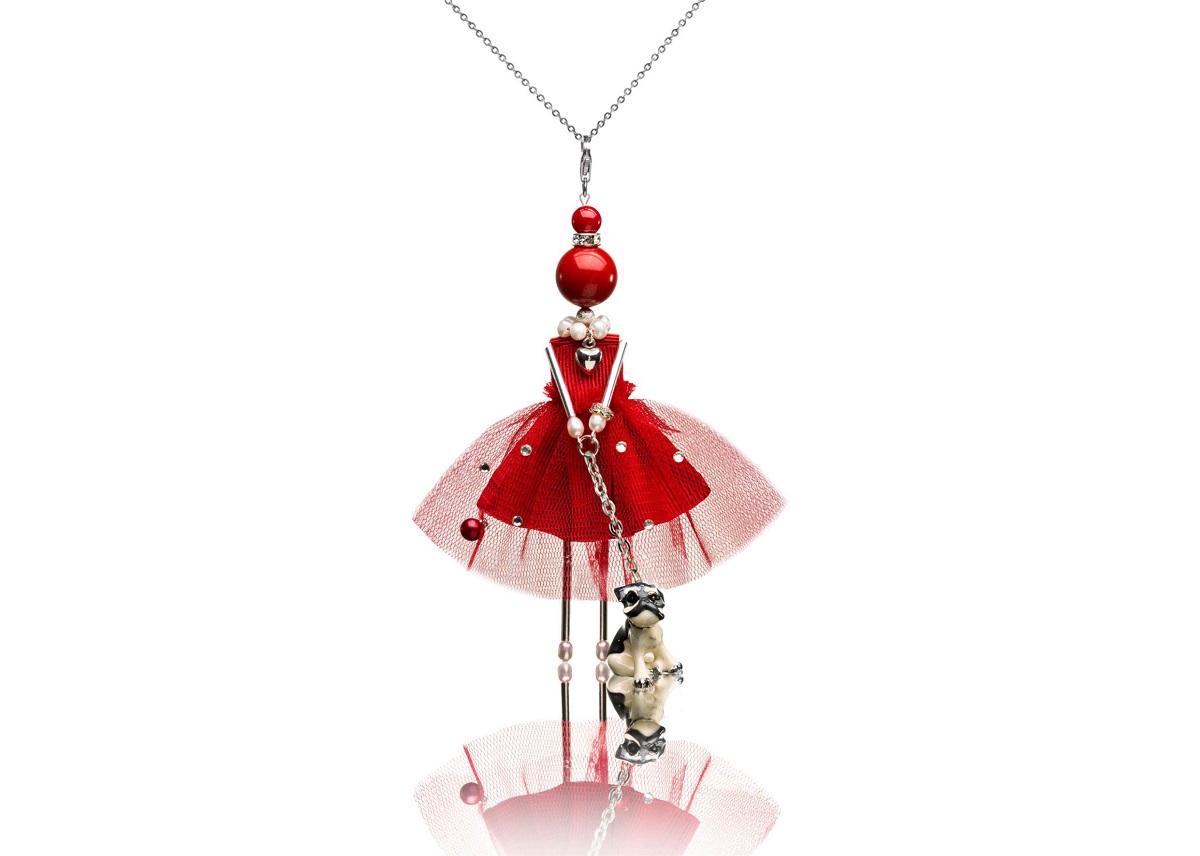 Red doll pendant with a miniature dog — fashion jewelry for women by SARANA®