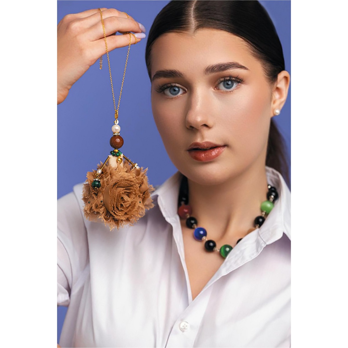 SARANA® jewelry doll pendant from the “Un día de fiesta” collection — handcrafted designer jewelry