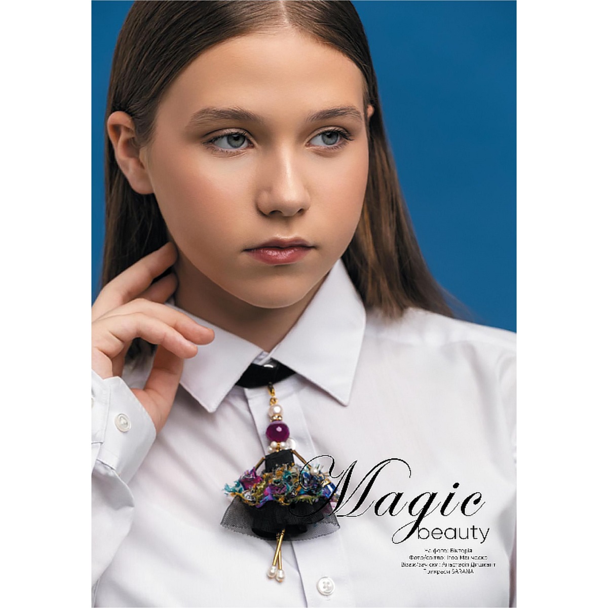 Designer jewelry doll pendant by SARANA® with fuchsia agate, natural pearls, and Austrian crystal