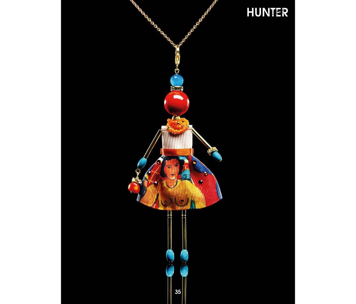 SARANA® jewelry doll pendant inspired by Picasso's "Music" featured in HUNTER Magazine — handcrafted exclusive jewelry