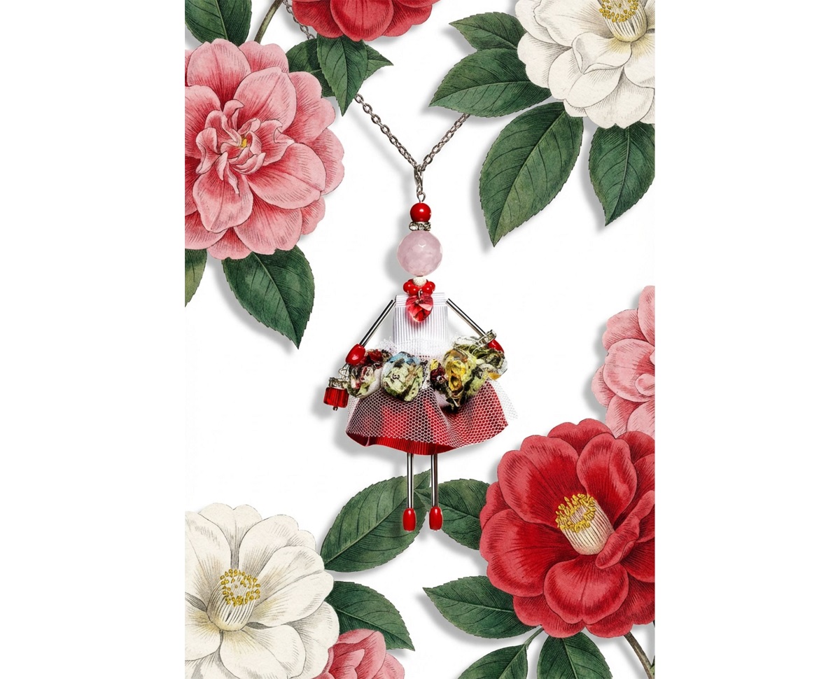 “Little Queen” jewelry doll pendant from the Celebration collection with pink quartz and red stones