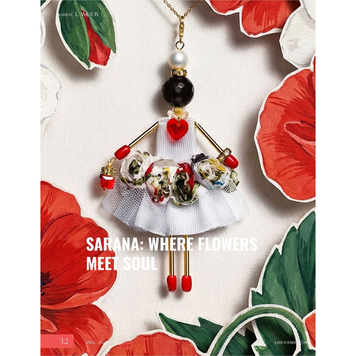 Spanish designer jewelry by SARANA® — “Coquette” jewelry doll pendant from the “Celebration” collection featured in L’AMOUR magazine