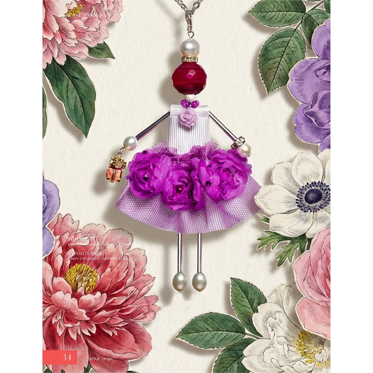 “Purple Orchid” jewelry doll pendant from SARANA®, Spanish designer jewelry brand, from the “Celebration” collection