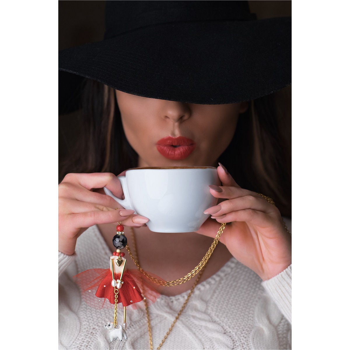 SARANA® jewelry doll pendant in a red dress with a little puppy from the “Devotion” collection featuring crackle agate, pearls, and Swarovski® crystals.