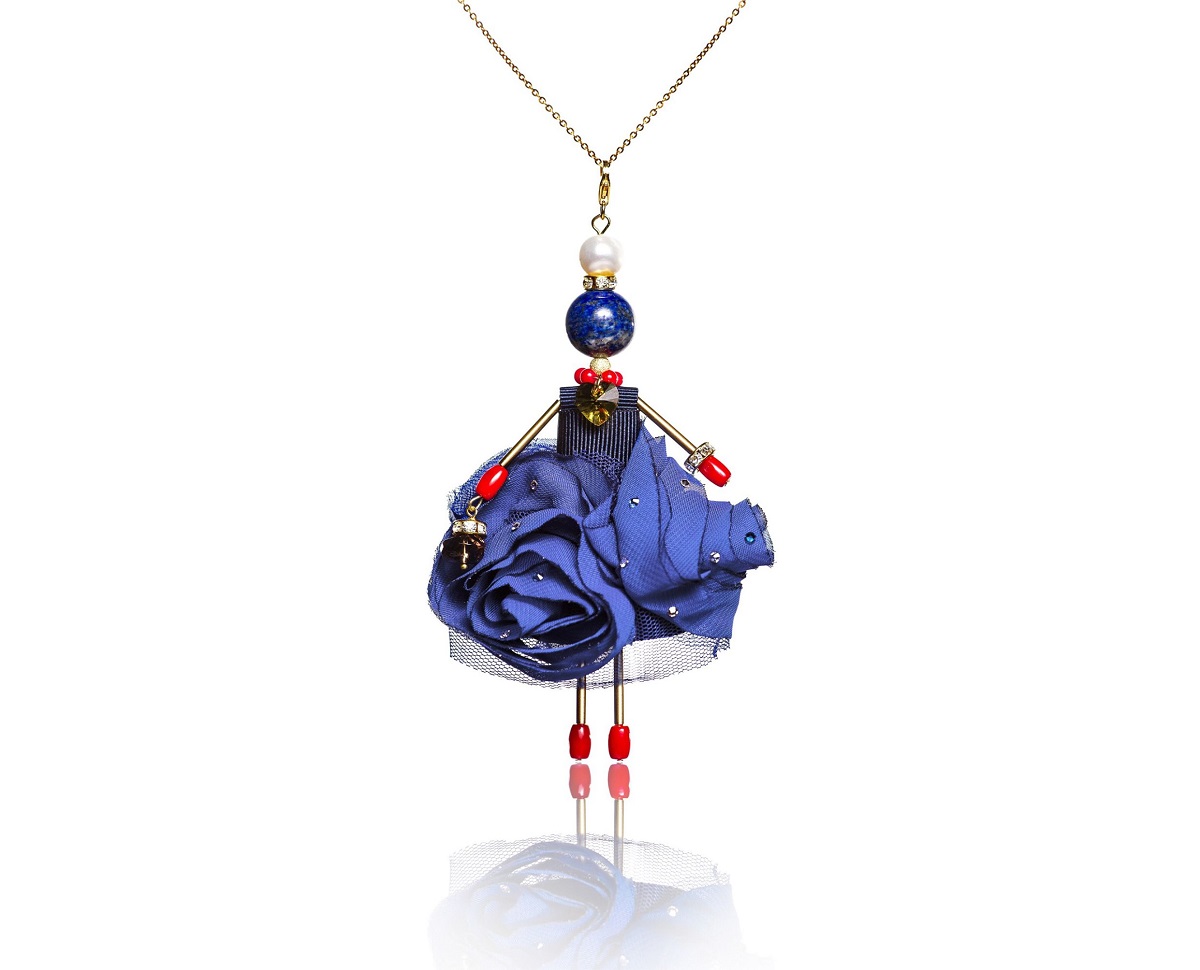 SARANA® “Blue Rose” jewelry doll pendant from the “Celebration” collection with lapis lazuli, coral, pearls, and Swarovski® crystals.