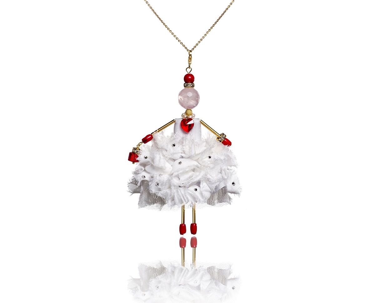 SARANA® “White Swan” jewelry doll pendant with rose quartz and coral — a unique handcrafted designer jewelry piece.