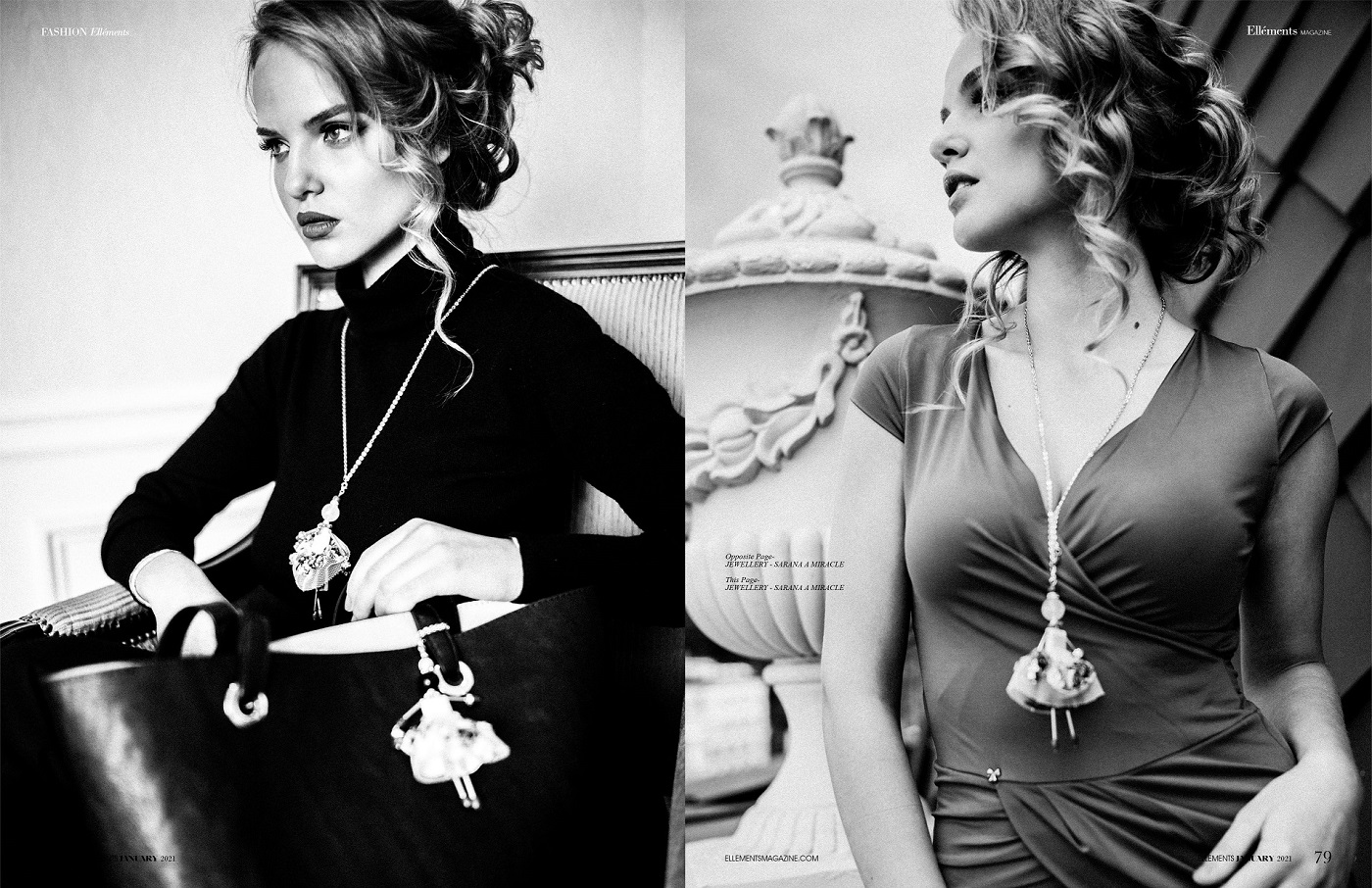 Publicación de joyas de moda SARANA® — estética de la fotografía fashion en blanco y negro